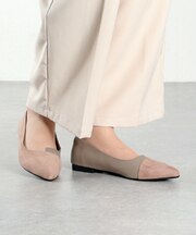 パンプス ローヒール 黒 バイカラー ぺたんこ フラット 疲れない 軽い レディース ポインテッドトゥ スエード 合成皮革ブラック 白 コンビ スムース (1182)