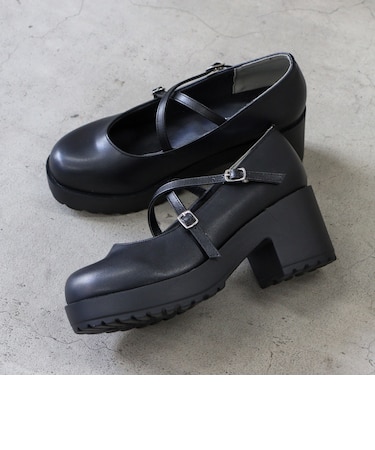 パンプス ストラップ ボタン レディース 大きいサイズ 厚底 黒 2wayストラップ ラウンドトゥ 軽量 歩きやすい 合皮 ハイヒール 7.5cmヒール ブラック おでこ靴 地雷系 量産型 (3061M)