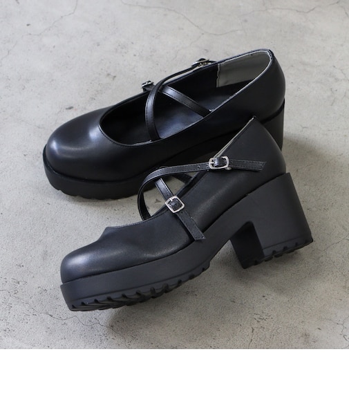 パンプス ストラップ ボタン レディース 大きいサイズ 厚底 黒 2wayストラップ ラウンドトゥ 軽量 歩きやすい 合皮 ハイヒール 7.5cmヒール ブラック おでこ靴 地雷系 量産型 (3061M)