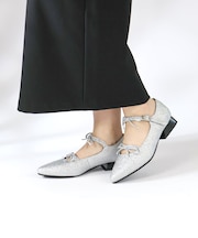パンプス レディース ローヒール 歩きやすい 2.5cmヒール ポインテッドトゥ リボン 美脚 ストラップ 秋 冬 グリッター 黒 ブラック シルバー ゴールド (1035)
