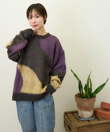 モヘアタッチ ニット ジャガード マーブル柄 プルオーバー