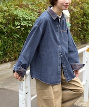 チェック 切替 デニム シャツ