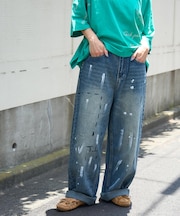 ペイント デニム ルーズ ストレート パンツ