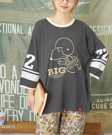PEANUTS ( ピーナッツ ) 32/-スラブ天竺 ライン入り 7分袖 プルオーバー Tシャツ