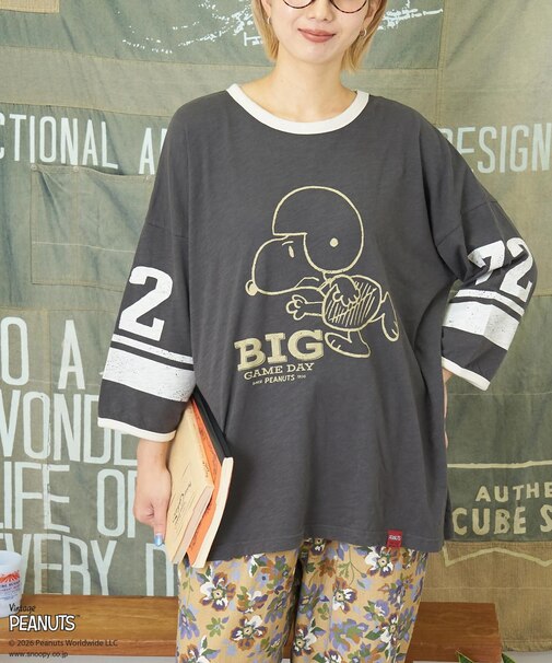 PEANUTS ( ピーナッツ ) 32/-スラブ天竺 ライン入り 7分袖 プルオーバー Tシャツ
