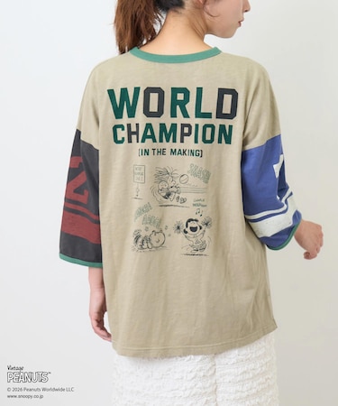 PEANUTS ( ピーナッツ ) 32/-スラブ天竺 ライン入り 7分袖 プルオーバー Tシャツ