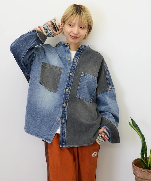 9.5オンス デニム スタンドカラー ワイドシャツ