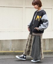 起毛 チェック × ヘリンボン ラップ風 スカート