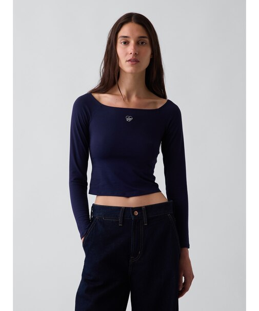 CloseKnit Jersey Gap Logo Off-Shoulder Crop T-Shirt