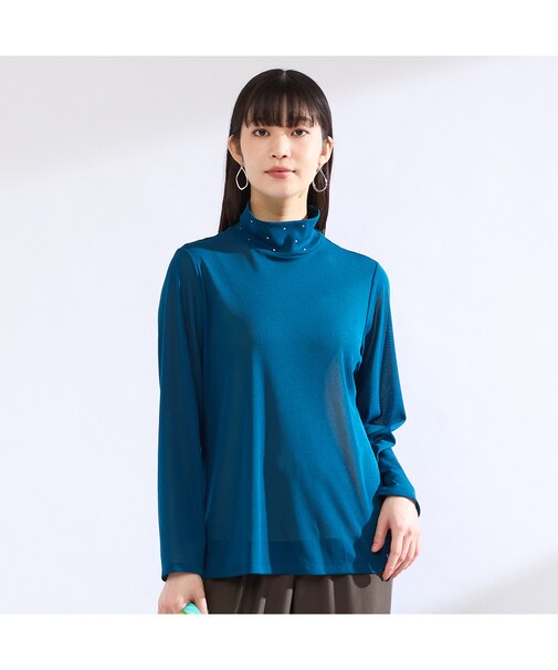 【M～４L】ウォッシャブルハイネックチュールTシャツ