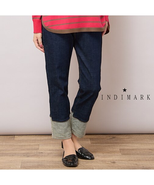 【手洗いOK・INDIMARKコラボ】デニムストレート・裾切り替えパンツ