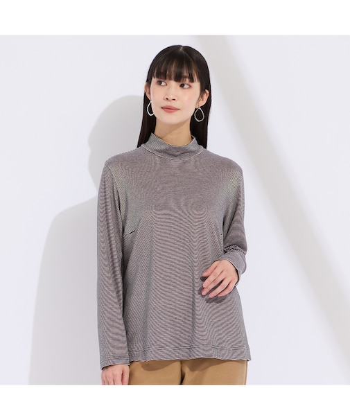 【M~4L】吸湿発熱ハイネックボーダーTシャツ