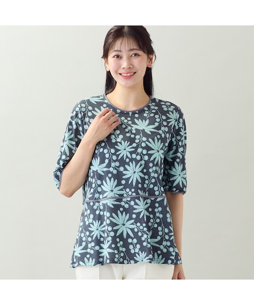 【EC&一部店舗限定・洗える・L~4Lサイズ】花と木の実柄カットソー