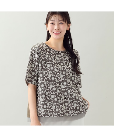 【洗える・日本製・L~3Lサイズ】綿麻刺繍入りブラウス