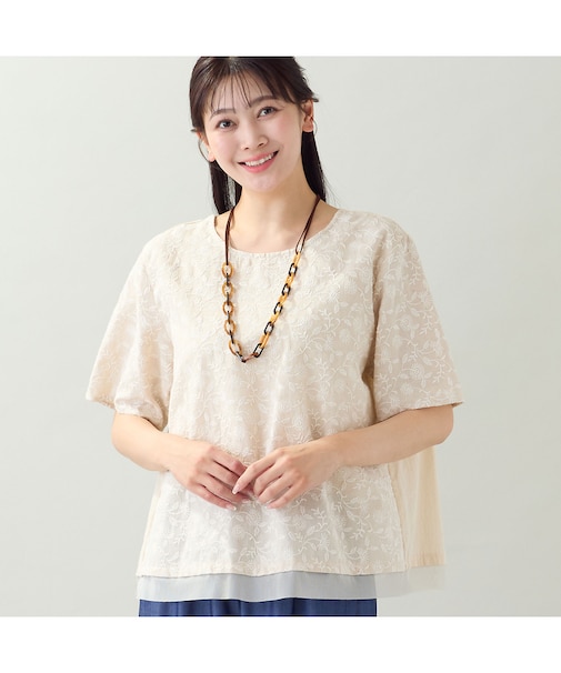【洗える・日本製・L~3Lサイズ】綿麻刺繍入りブラウス