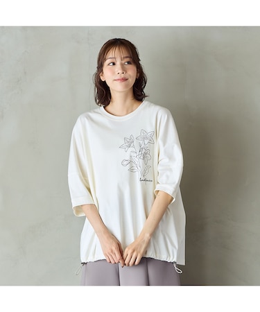 【手洗いOK・綿100%】キキョウモチーフ刺繍ワイドシルエットカットソー