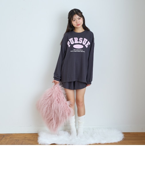 カレッジロゴミニ裏長袖ハーフパンツ上下セット