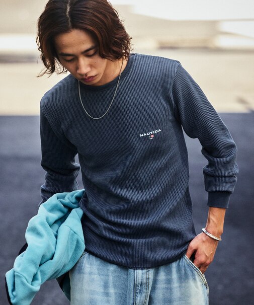Essentials タイトフィット L/S クルーネック ワッフル ピグメントTシャツ