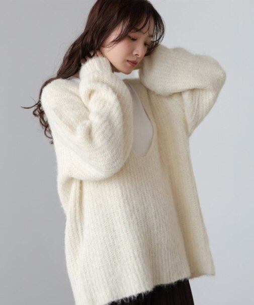 【Bab】ワイドVネックルーズニットプルオーバー