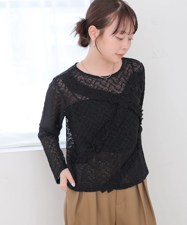 【Bab】レースフリルシアーロングTシャツ