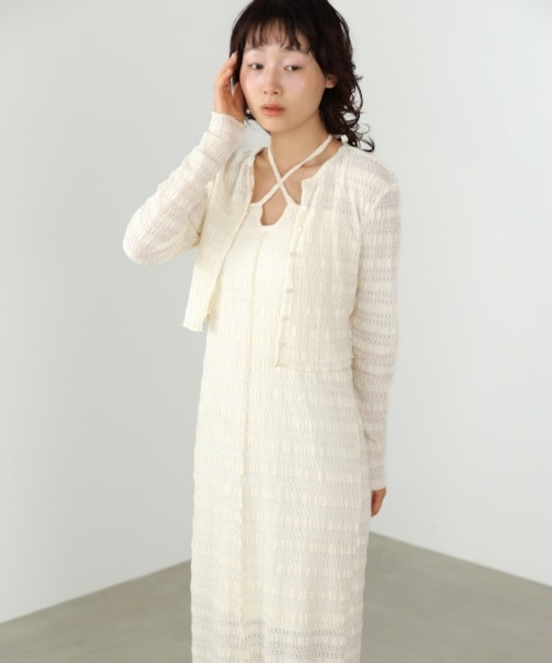 【Bab】【選べるサイズ展開】配色メローカーディガン＋ワンピースSET