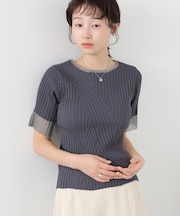 【Bab】シアー使い5分袖リブニットトップス