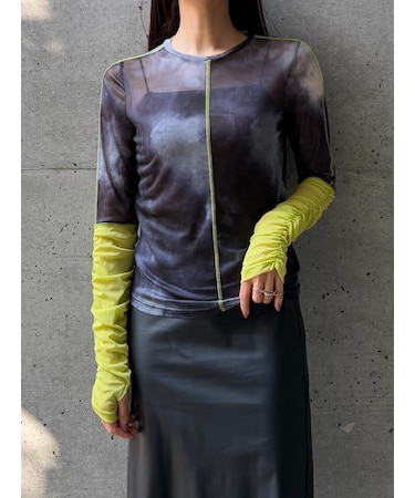 CONTRAST CUFF PRINTED TULLE TOP(コントラストカフスプリントチュールトップス)