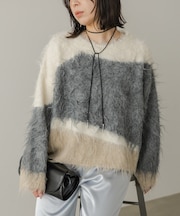 【Bab】ウェーブ配色ケガキニットトップス