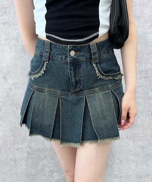 プリーツヘムフリンジデニムミニスカート