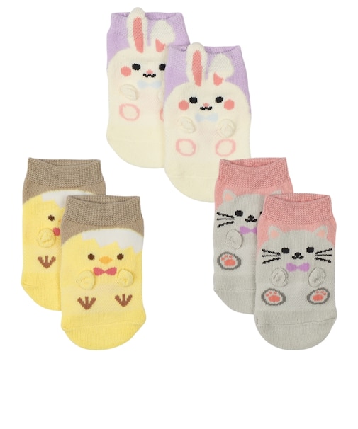 [ベビー]アンクルソックス3足組　リボン動物 パープル