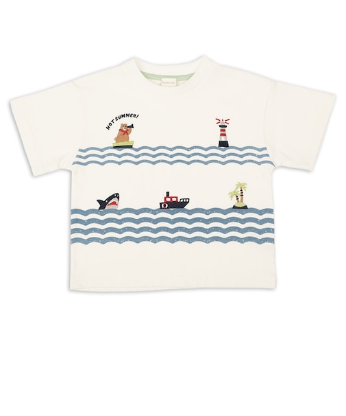 [キッズ]半袖Tシャツ　部分刺しゅう　オフホワイト