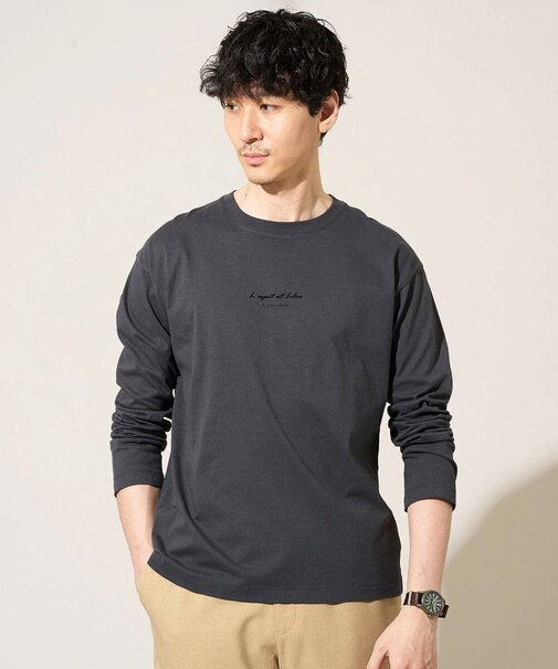 【コットン100%】ミニロゴプリントロングTシャツ セミワイドシルエット