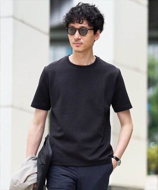【イージーケア/洗濯機で洗える/毛玉になりにくい】ライトキカジャカードクルーネックスマートTシャツ