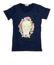 水森亜土 お花の少女柄 プリント半袖Tシャツ(L) ネイビー アパレル