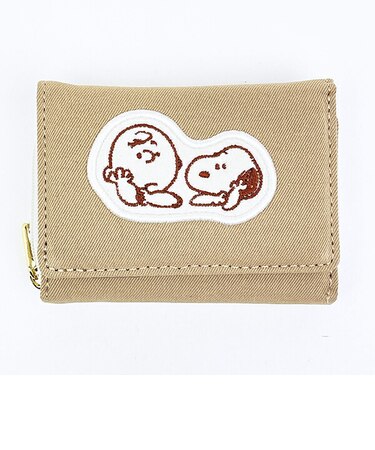 スヌーピー チャーリーブラウン ファスナー三つ折り財布 アップリケ ベージュ SNOOPY
