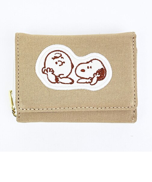 スヌーピー チャーリーブラウン ファスナー三つ折り財布 アップリケ ベージュ SNOOPY