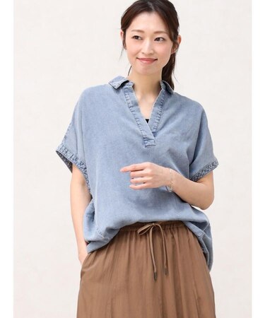 【一枚でサマになる上品見えデニム】テンセルデニムスキッパ―シャツ