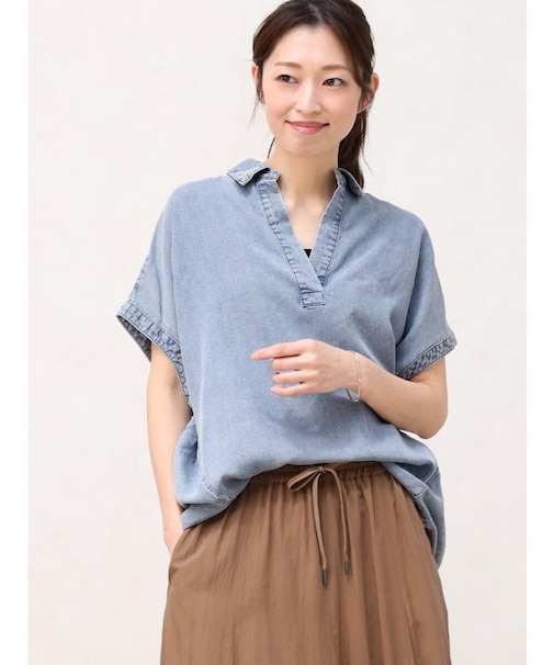 【一枚でサマになる上品見えデニム】テンセルデニムスキッパ―シャツ
