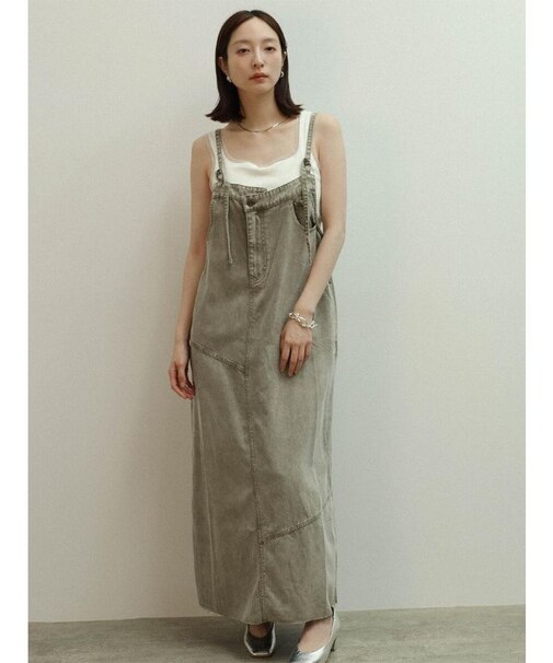 アシメフロントコットンセルロースデニムジャンパースカート(black,khaki)