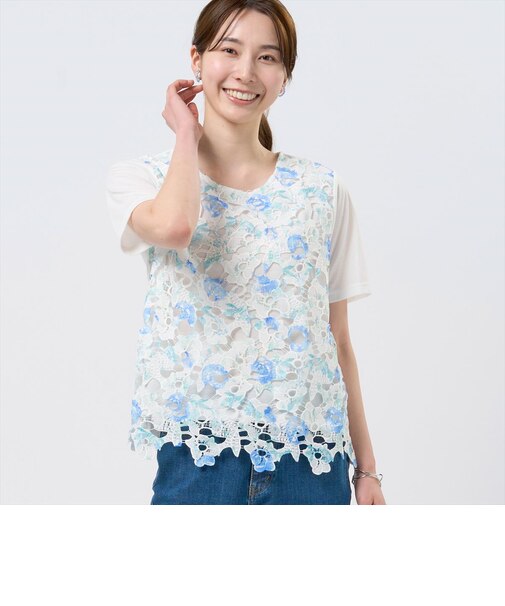 花柄レースプルオーバー 半袖 レディース
