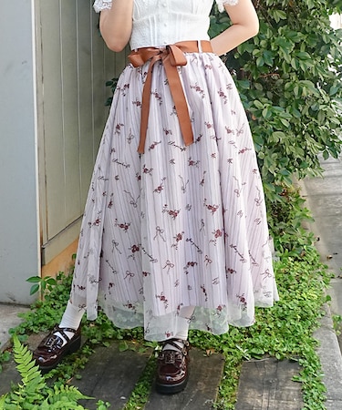 刺繍チュールストライプ柄スカート