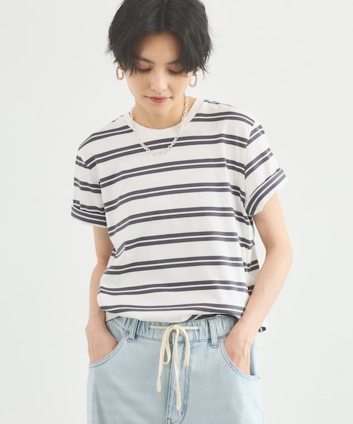 WボーダーコットンTシャツ/マシンウォッシャブル
