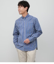【ストレッチ】ストライプシャンブレー 長袖ショートボタンダウンシャツ