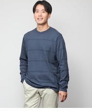 【ウォッシャブル】クルーネックタック 編み柄ボーダー ニット