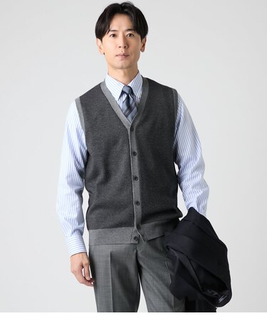 【ウォッシャブル】ツイルライク 前開きニットベスト
