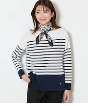 【手洗い可能】コットン天竺 パネルボーダーニットプルオーバー