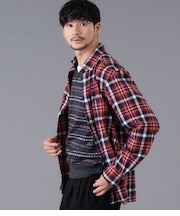 ネル レッド×ネイビータータン 長袖ショートボタンダウンシャツ