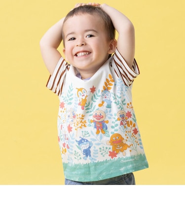 袖ボーダー切替リーフ柄Tシャツ