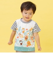 袖ボーダー切替リーフ柄Tシャツ