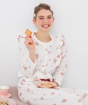 エアーニットいちごクッキーサンドフリルパジャマ セットアップ 上下セット 部屋着 ルームウェア クッキー スイーツ柄 着心地がいい やわらか 肌に優しい 綿100% 大人かわいい おしゃれ